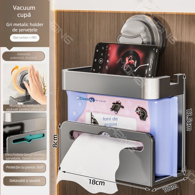 Cutie de șervețele montată pe perete cu ventuză pentru baie – oțel de carbon, impermeabilă, multifuncțională, compatibilă cu șervețele de hârtie detașabile