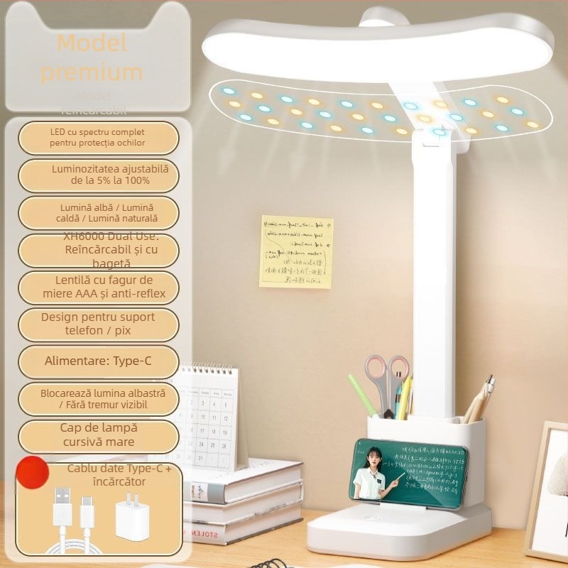 Lampă de birou LED cu spectru complet, curbată, protecție pentru ochi, pliabilă, baterie litiu încorporată