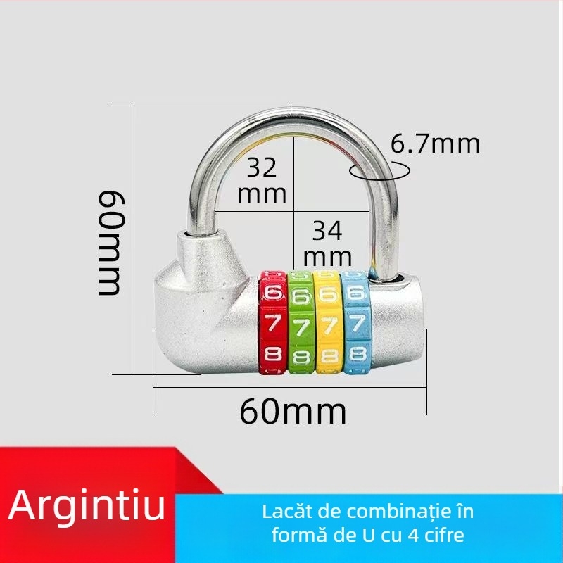 Lacăt în formă de U cu cod, seria 206 complet metalică, din oțel inoxidabil și aliaj, 250 g, pentru biciclete și dulapuri
