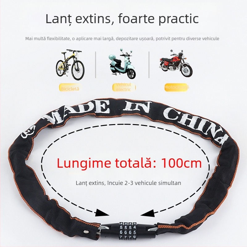 Lacăt cu lanț pentru bicicletă, cod de 4 cifre, portabil, din oțel aliat, 450 g