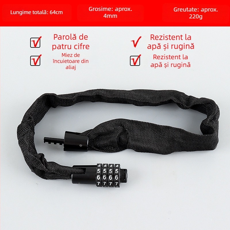 Lacăt cu lanț pentru bicicletă, cod de 4 cifre, portabil, din oțel aliat, 450 g