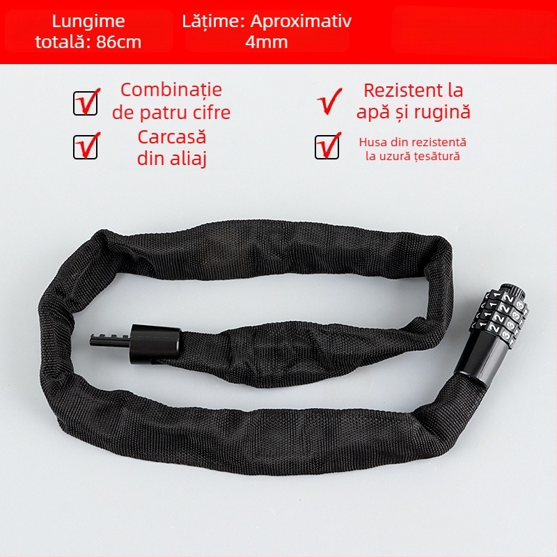 Lacăt cu lanț pentru bicicletă, cod de 4 cifre, portabil, din oțel aliat, 450 g