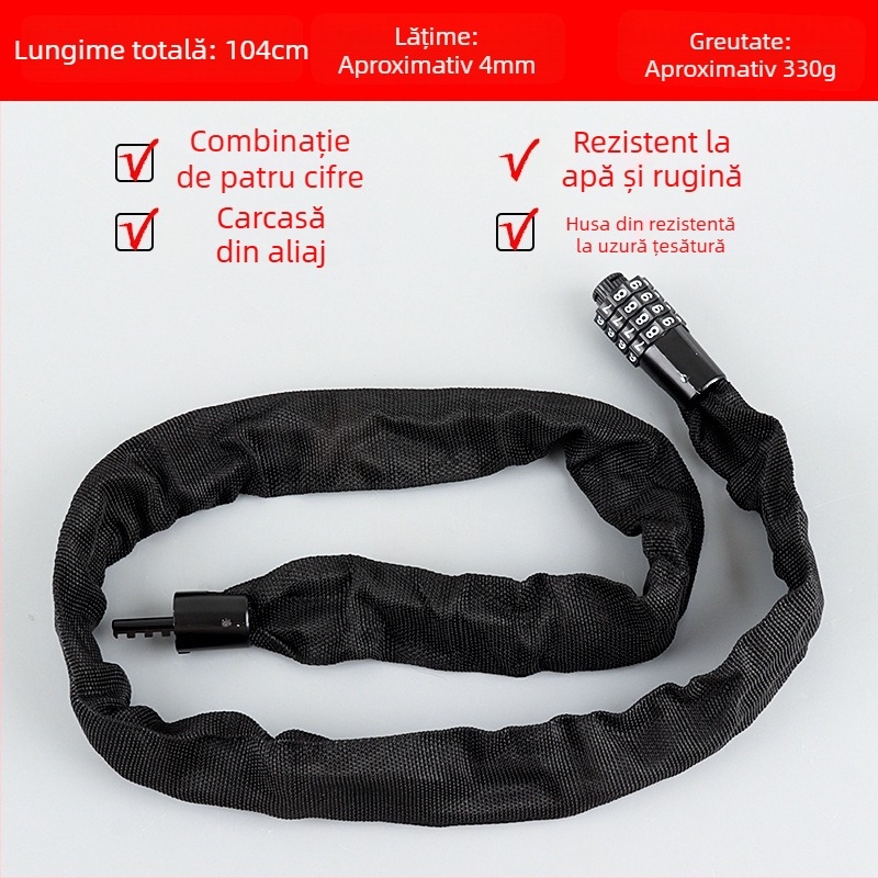 Lacăt cu lanț pentru bicicletă, cod de 4 cifre, portabil, din oțel aliat, 450 g