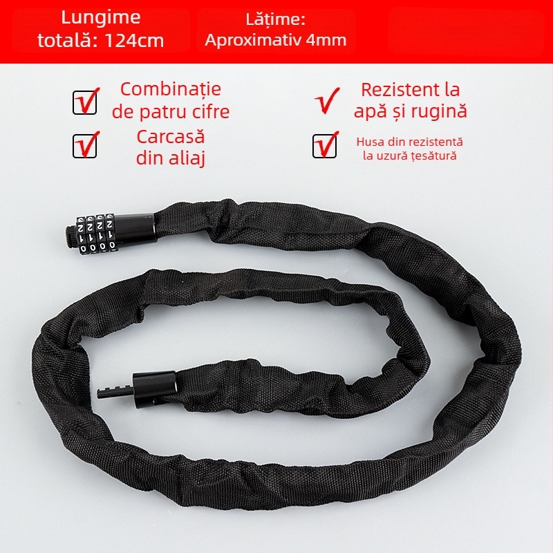 Lacăt cu lanț pentru bicicletă, cod de 4 cifre, portabil, din oțel aliat, 450 g