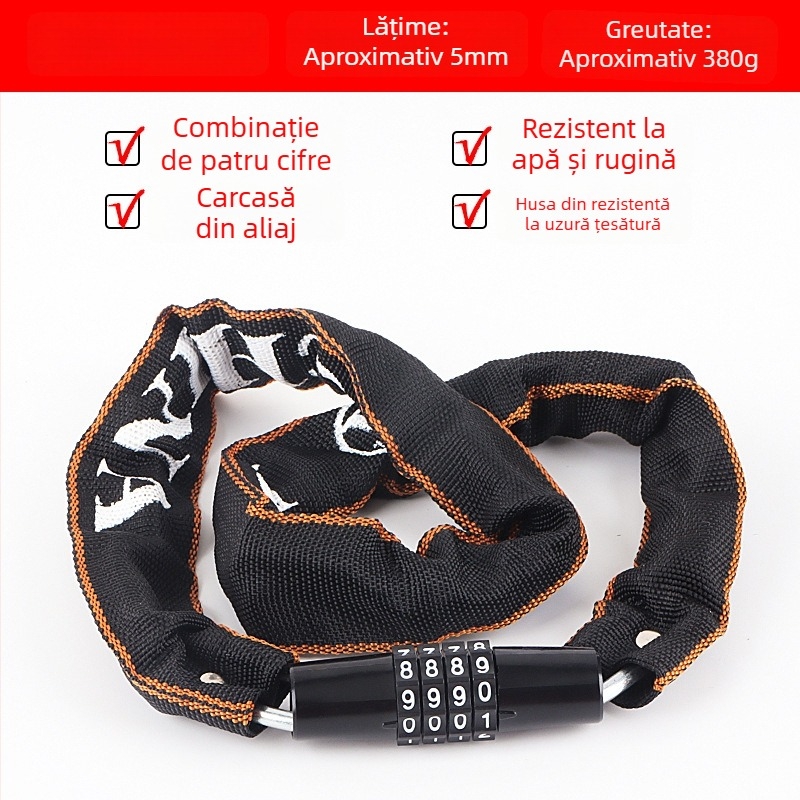 Lacăt cu lanț pentru bicicletă, cod de 4 cifre, portabil, din oțel aliat, 450 g