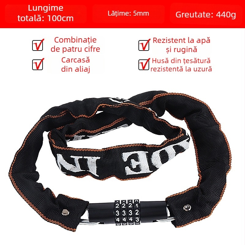 Lacăt cu lanț pentru bicicletă, cod de 4 cifre, portabil, din oțel aliat, 450 g