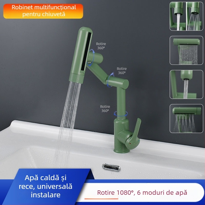 Robinet de bucătărie cu braț robotic, rotativ, amestecător pentru apă caldă și rece, din oțel inox, montaj vertical, supapă cu disc ceramic