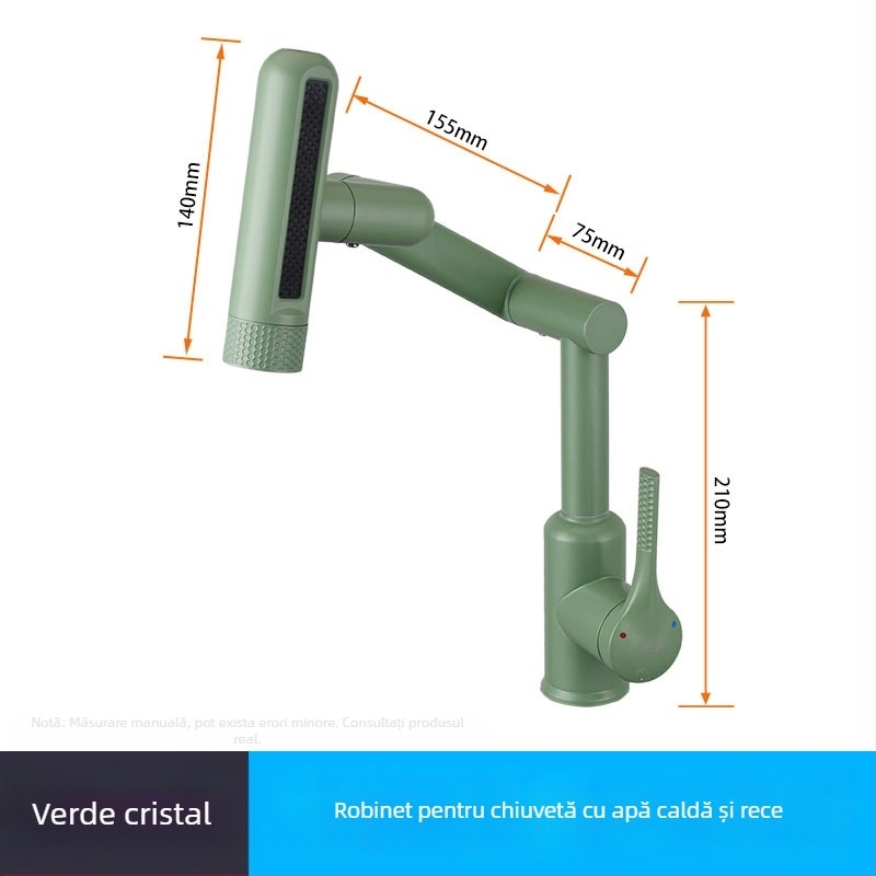 Robinet de bucătărie cu braț robotic, rotativ, amestecător pentru apă caldă și rece, din oțel inox, montaj vertical, supapă cu disc ceramic