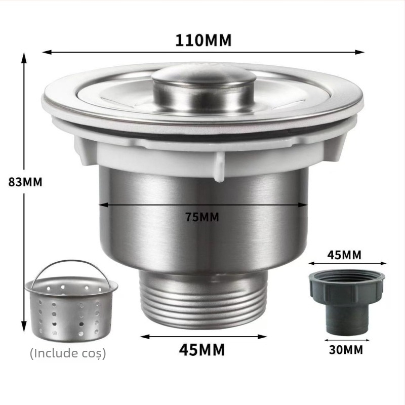 Ansamblu de scurgere pentru chiuveta de bucătărie din oțel inoxidabil, formă P, tip capac, stil modern minimalist