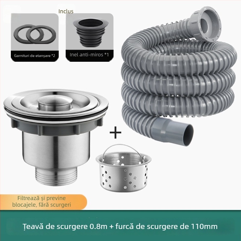 Ansamblu de scurgere pentru chiuveta de bucătărie din oțel inoxidabil, formă P, tip capac, stil modern minimalist