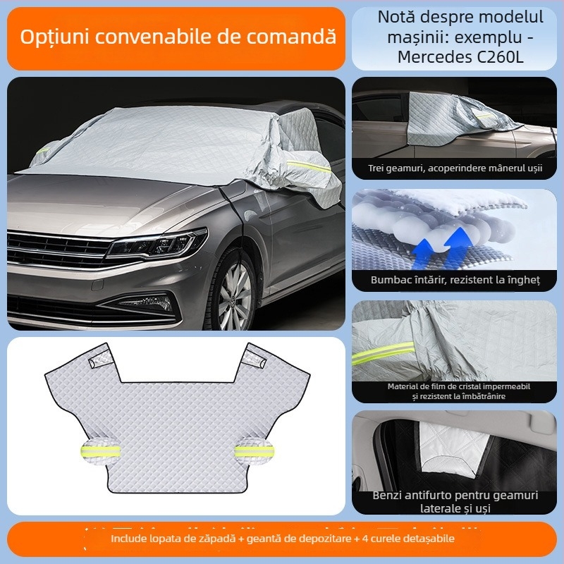 Husă de zăpadă pentru parbrizul frontal al mașinii - Material PE, instalare încorporată, potrivire universală, husă de iarnă