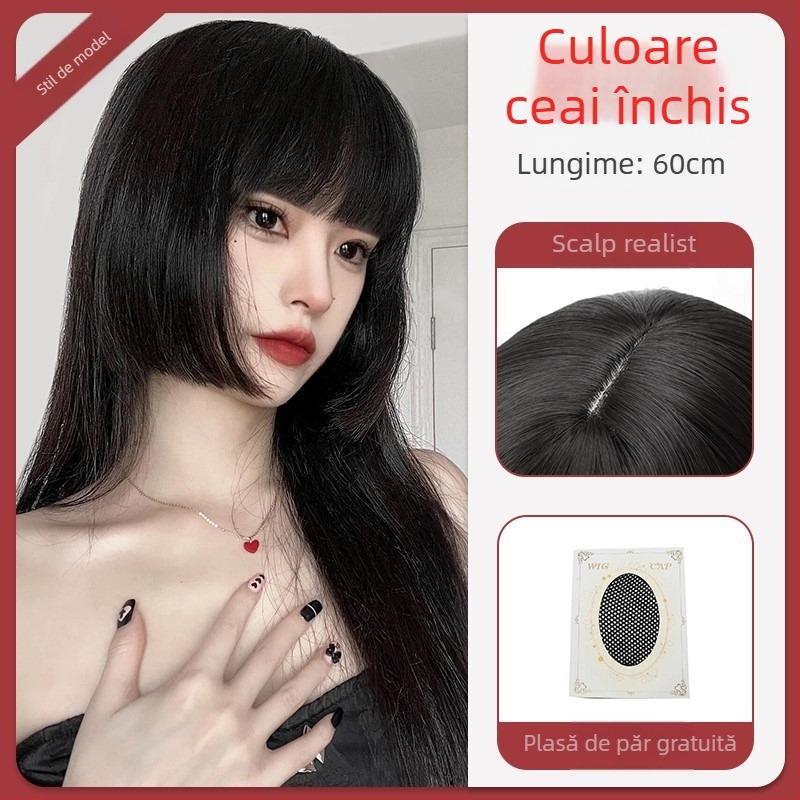 Perucă pentru cosplay, naturală și realistă, perucă completă cu breton, stil princess-cut, fibre rezistente la temperatură, nu poate fi vopsită la temperaturi ridicate