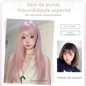 Perucă – Păr lung drept, cu breton, fibre rezistente la temperatură, fabricație mecanică, fără vopsire sau permanentă