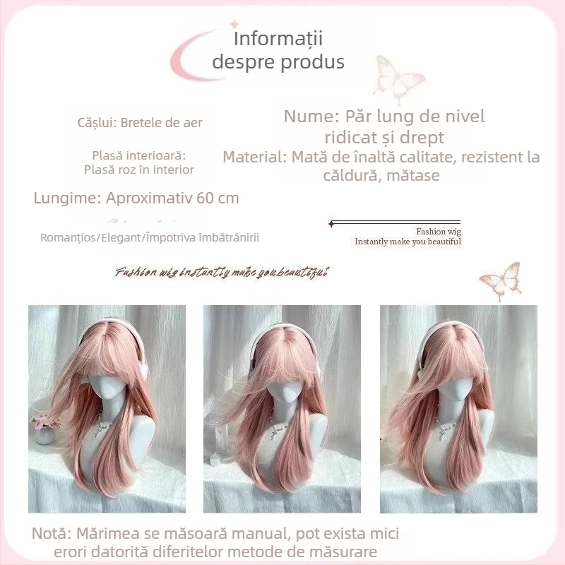 Perucă – Păr lung drept, cu breton, fibre rezistente la temperatură, fabricație mecanică, fără vopsire sau permanentă