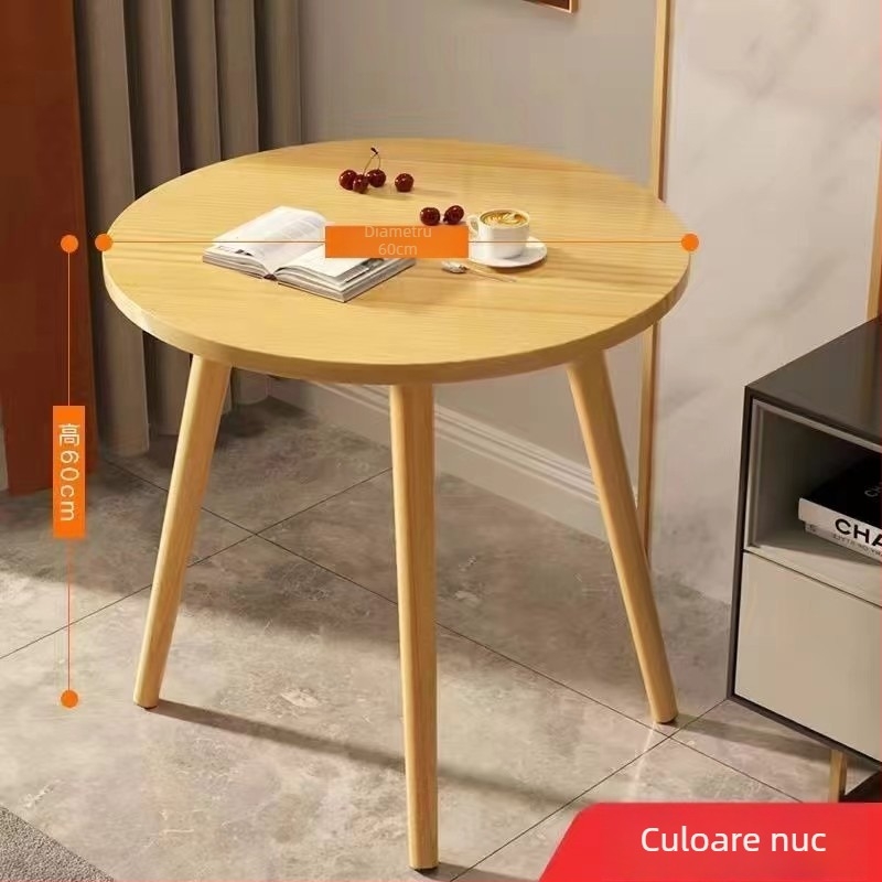 Masă rotundă de cafea pentru casă, model 020, stil lux ușor, pliabilă, cadru din lemn și blat din placă de densitate, margine sigilată