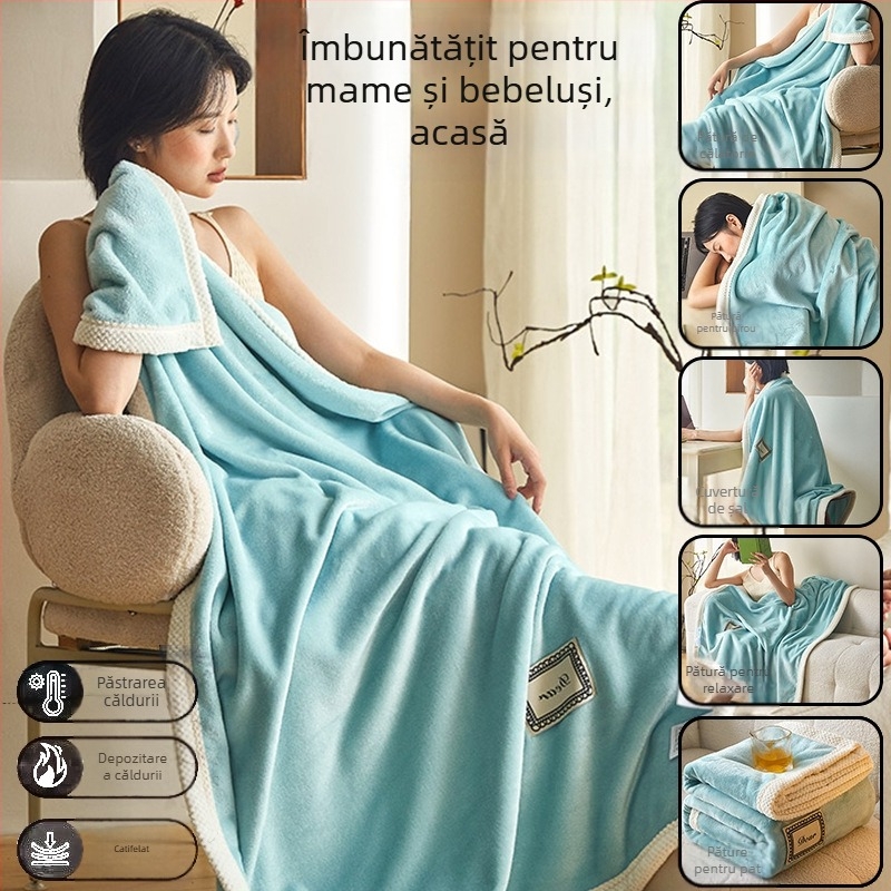 Cuvertură din poliester, fleece coral, utilizare în toate anotimpurile, greutate 0,55–1,0 kg