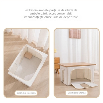 Cutie de depozitare din pânză de bumbac și in, cu cadru din fier și strat PE impermeabil; pliabilă, portabilă, rezistentă la praf, capacitate 85 L
