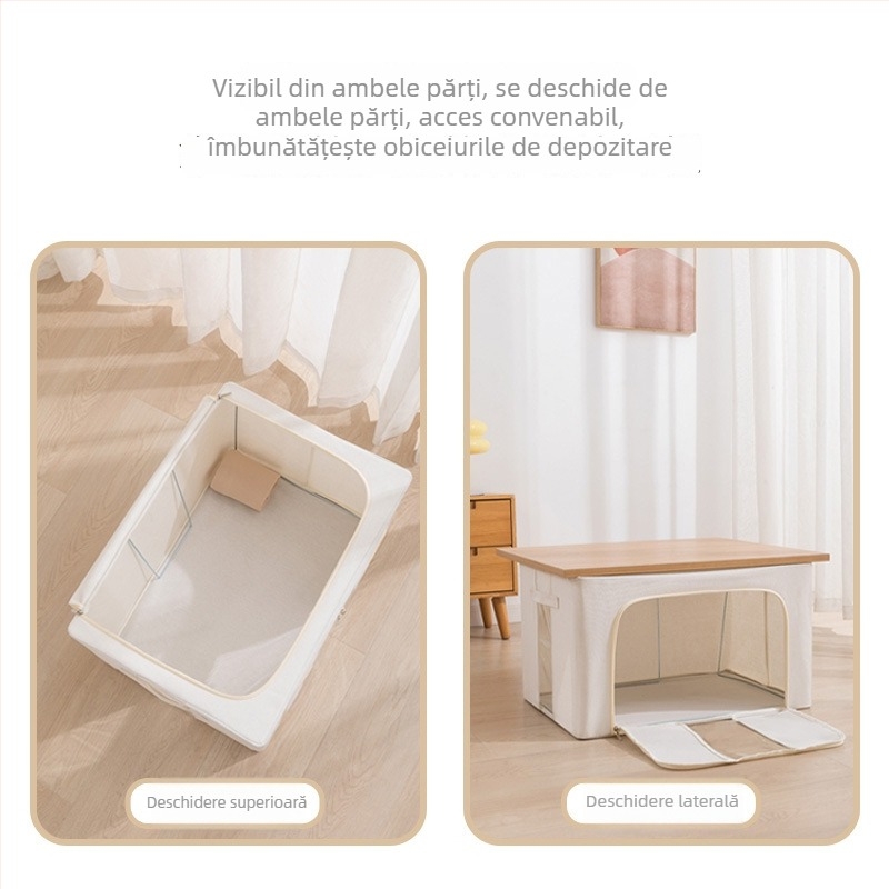 Cutie de depozitare din pânză de bumbac și in, cu cadru din fier și strat PE impermeabil; pliabilă, portabilă, rezistentă la praf, capacitate 85 L