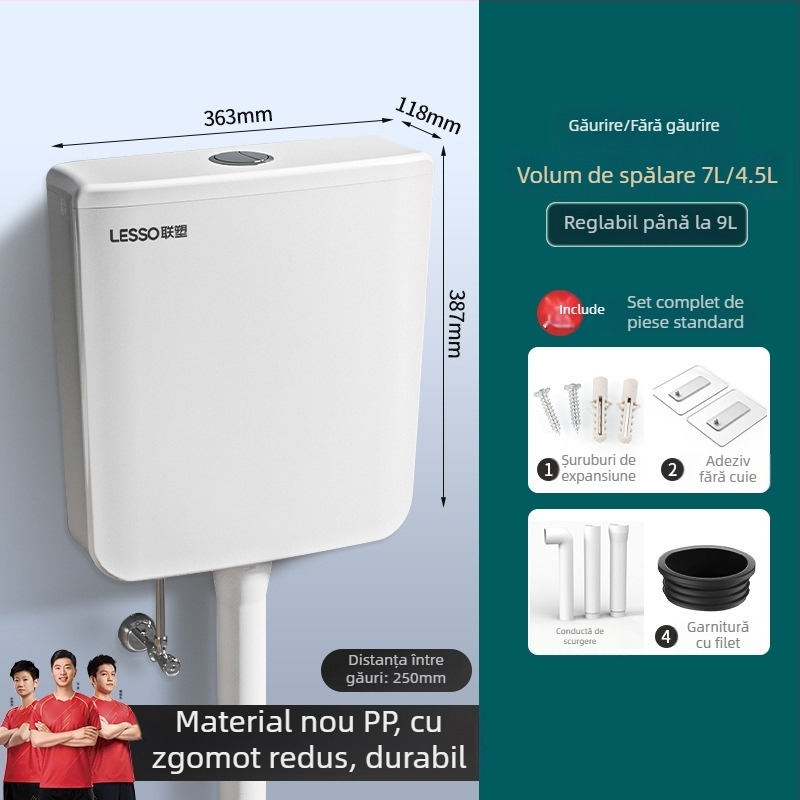 Rezervor de apă montat pe perete pentru toaletă de tip crouch — PP, 4–7 L clătire, control manual al clăsirii, drenaj la podea, model EP02103