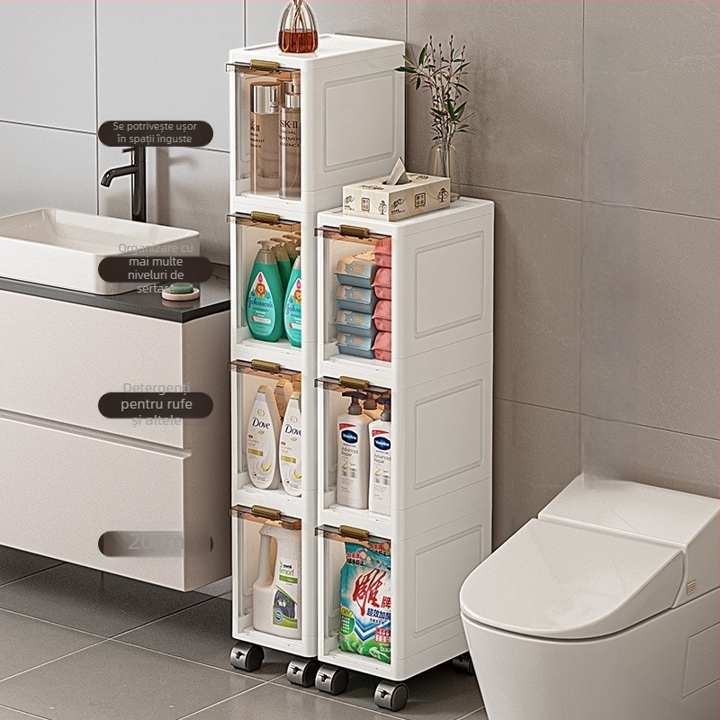 Dulap de baie din PP, trei etaje, pe podea, pentru depozitare lângă chiuvetă și toaletă
