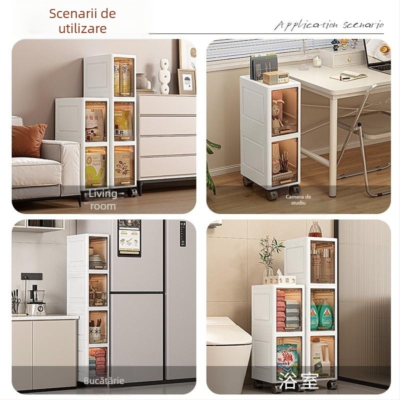 Dulap de baie din PP, trei etaje, pe podea, pentru depozitare lângă chiuvetă și toaletă