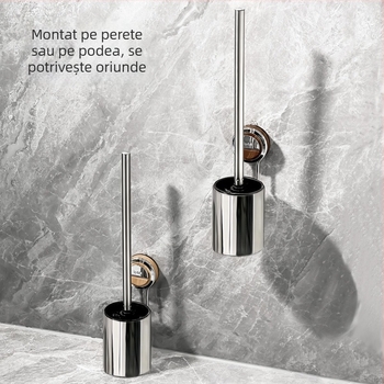 Set perie de toaletă din oțel inoxidabil, cu ventuză pentru montaj pe perete și mâner lung (0.3 kg)