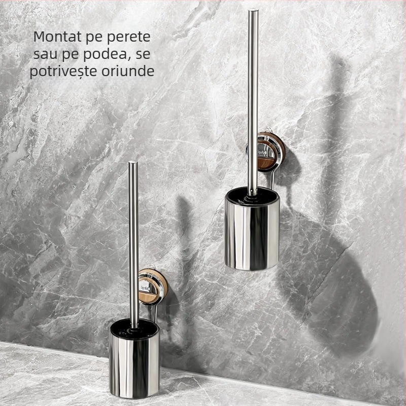 Set perie de toaletă din oțel inoxidabil, cu ventuză pentru montaj pe perete și mâner lung (0.3 kg)