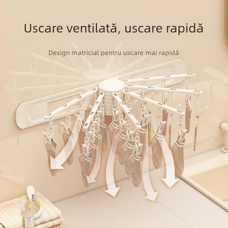 Raft rotativ de uscat haine, 24 cleme, montat pe perete, din plastic, pentru șosete și lenjerie