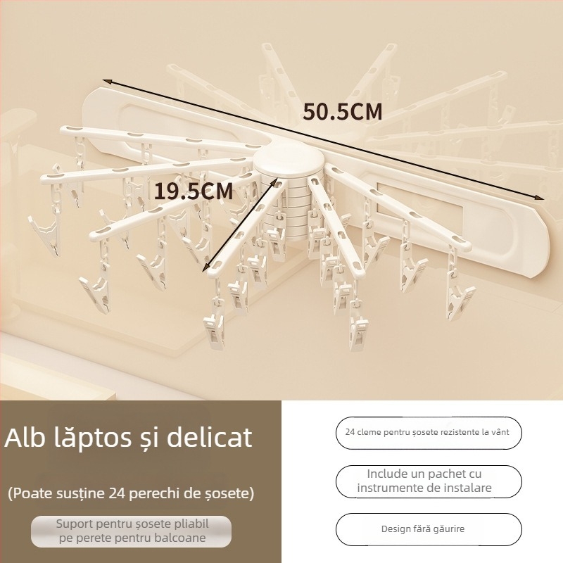 Raft rotativ de uscat haine, 24 cleme, montat pe perete, din plastic, pentru șosete și lenjerie