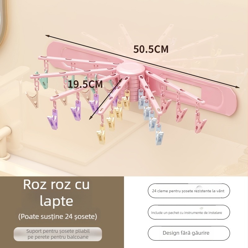 Raft rotativ de uscat haine, 24 cleme, montat pe perete, din plastic, pentru șosete și lenjerie