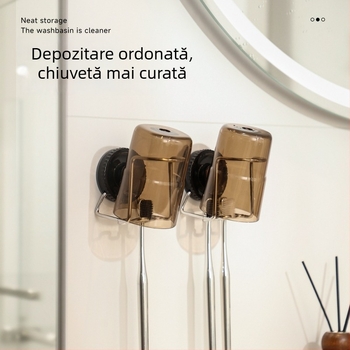 Suport pentru periuțe de dinți cu ventuză — montaj pe perete, fără găuri, ABS + oțel inoxidabil, Bydoll
