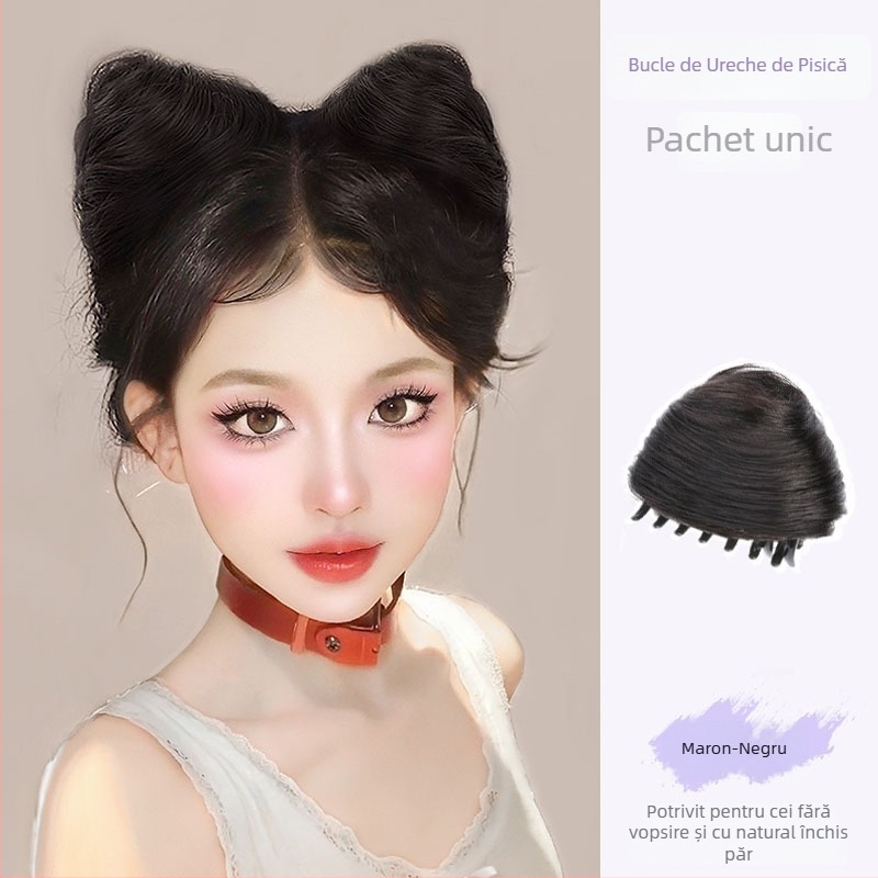 Perucă cu urechi de pisică și coc, sistem cu clips, fibre rezistente la temperatură, necolorabilă, pentru Halloween