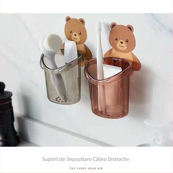 Suport pentru periuțe și pastă de dinți și etajeră de baie cu design ursuleț, montaj fără găuri, din plastic PP, model 1313