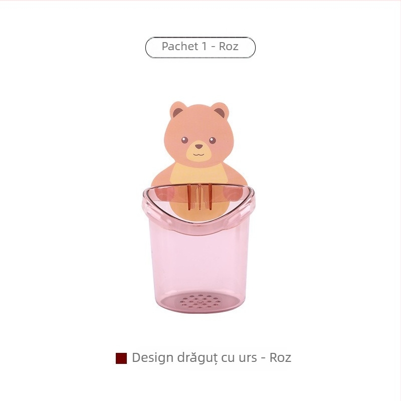 Suport pentru periuțe și pastă de dinți și etajeră de baie cu design ursuleț, montaj fără găuri, din plastic PP, model 1313