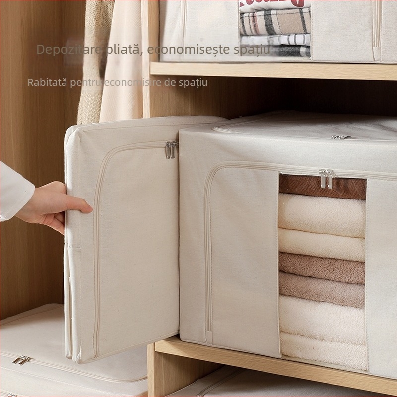 Cutie de depozitare pliabilă din bumbac real și in, cu cadru din oțel, lavabilă, portabilă, multifuncțională