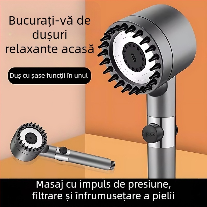 Cap de duș portabil cu 3 moduri de pulverizare, presiune sporită, corp ABS rotund, perie de masaj din silicon