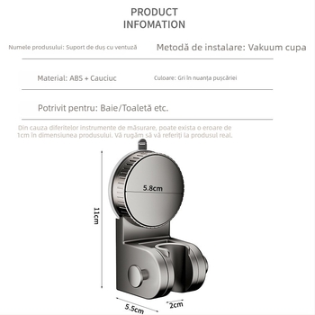 Suport de duș cu ventuză — montaj fără găuri, bază reglabilă pentru capul de duș, plastic, model 137