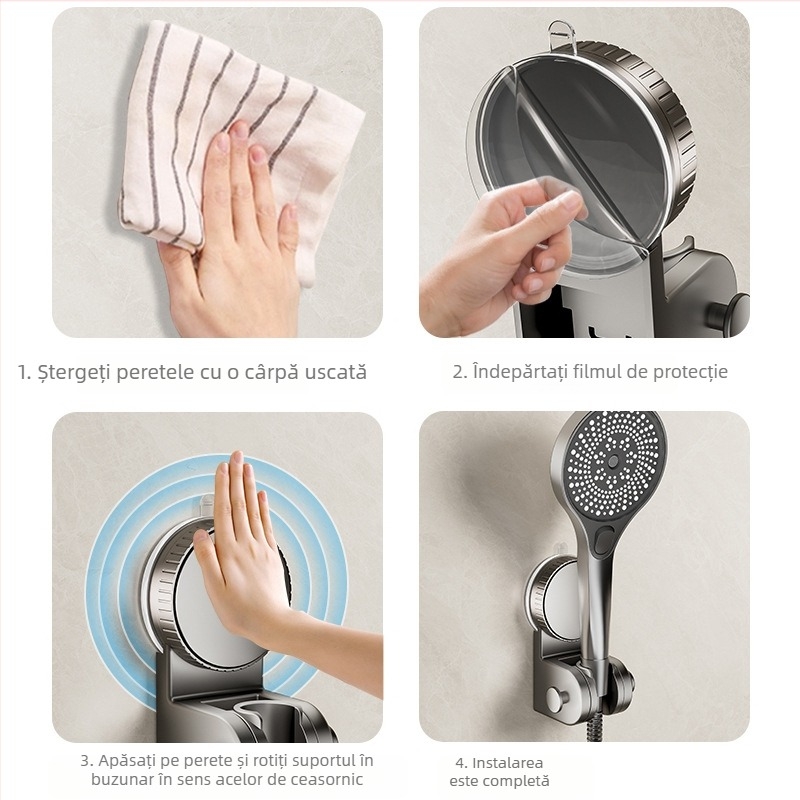 Suport de duș cu ventuză — montaj fără găuri, bază reglabilă pentru capul de duș, plastic, model 137