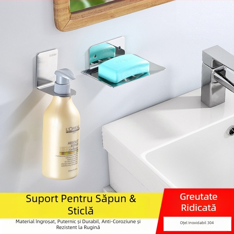 Raft pentru duș cu dozator de săpun, din oțel inoxidabil 304, montaj fără găuri, suport pentru sticle cu gaură mare sau mică, finisaj lucios, greutate 300 g