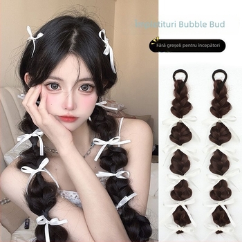 Perucă cu coadă: împletitură bule cu panglică, coadă dublă, cusută manual, sârmă rezistentă la temperaturi înalte