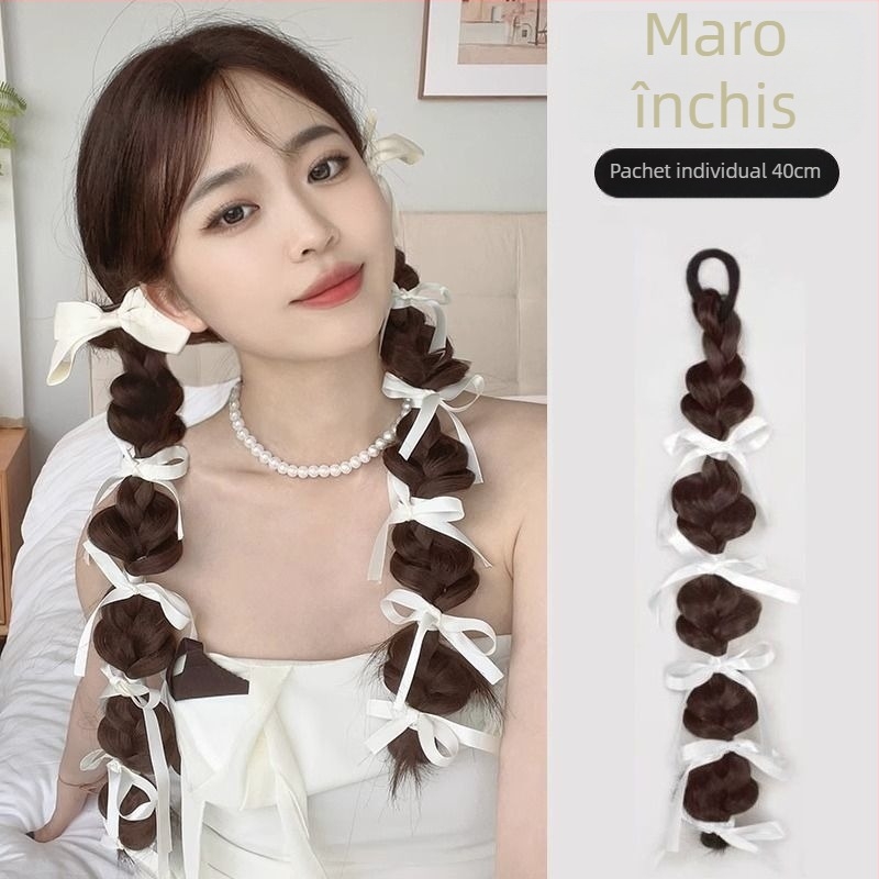 Perucă cu coadă: împletitură bule cu panglică, coadă dublă, cusută manual, sârmă rezistentă la temperaturi înalte