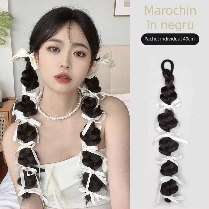 Perucă cu coadă: împletitură bule cu panglică, coadă dublă, cusută manual, sârmă rezistentă la temperaturi înalte