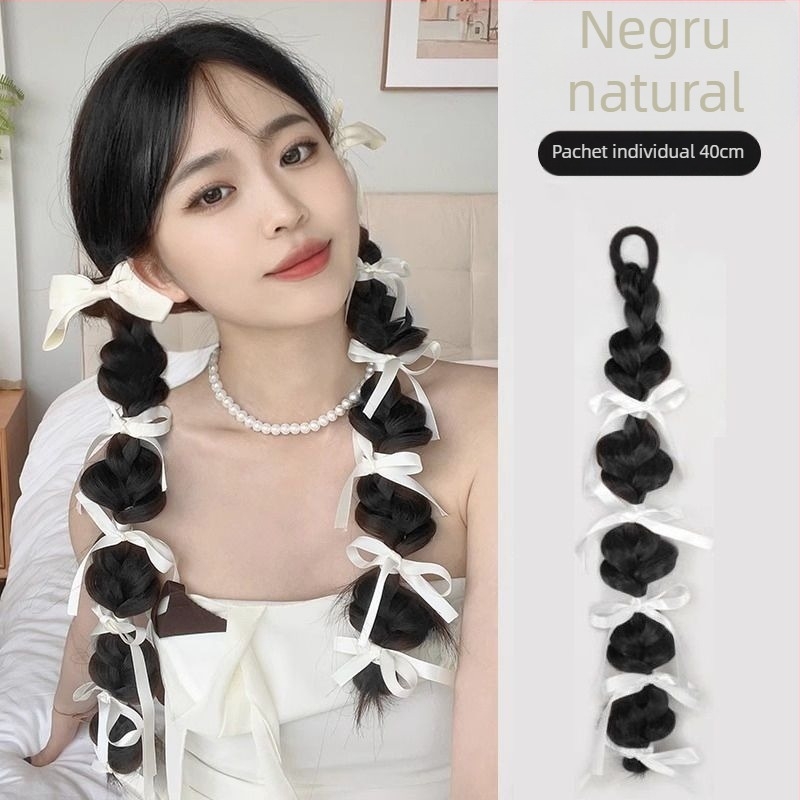 Perucă cu coadă: împletitură bule cu panglică, coadă dublă, cusută manual, sârmă rezistentă la temperaturi înalte