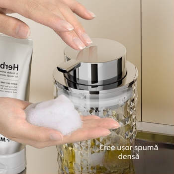 Dispenser de săpun cu spumă pentru mâini Time Machine – PET, stil Light Luxury, dozare prin apăsare, finisaj lucios