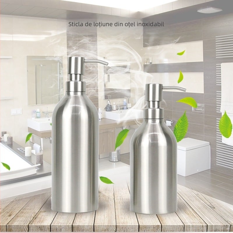 Dozator din oțel inoxidabil 304 pentru săpun, dezinfectant, gel de duș, loțiune și șampon — finisaj periat, mecanism de apăsare, design modern minimalist