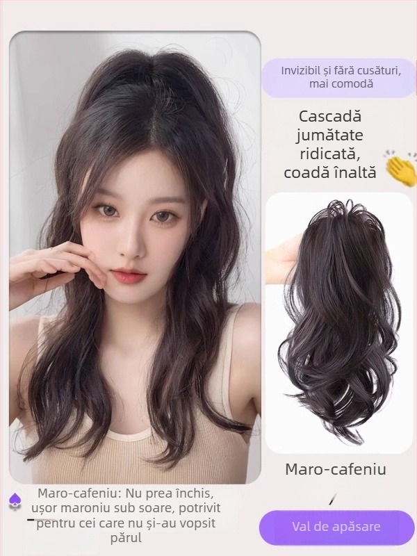 Perucă Kaifei — bucle în cascadă, coadă înaltă, păr lung, sârmă rezistentă la temperatură, proces mecanic, nu este potrivită pentru vopsire cu temperatură înaltă