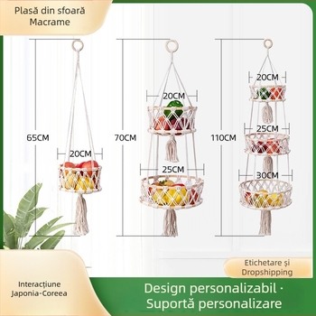 Set de trei coșuri pentru fructe și legume, sfoară de bumbac țesută manual, coș suspendat pentru living – stil pastoral