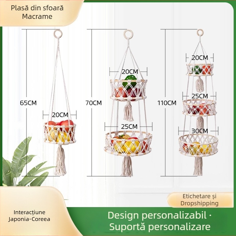Set de trei coșuri pentru fructe și legume, sfoară de bumbac țesută manual, coș suspendat pentru living – stil pastoral