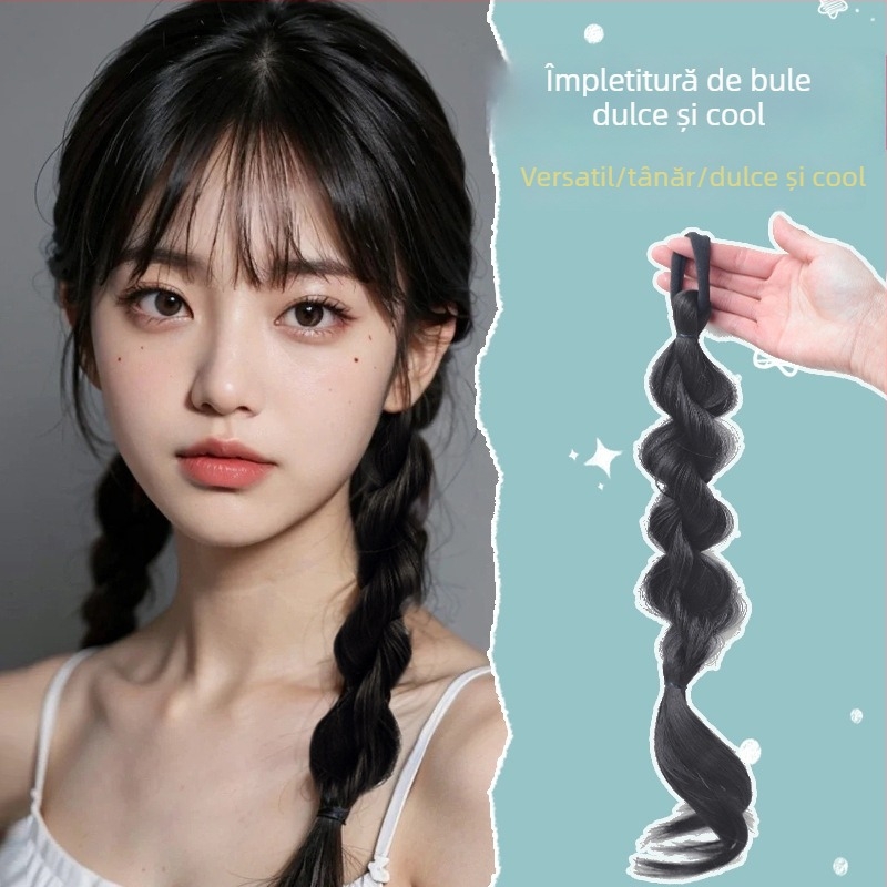 Perucă cu coadă: bucle bule, coadă dublă, aspect pufos natural; Model: Cool Bubble Braid; Făcută integral manual; Material păr: sârmă rezistentă la temperaturi înalte; Nu este potrivită pentru vopsire cu vopseluri încălzite