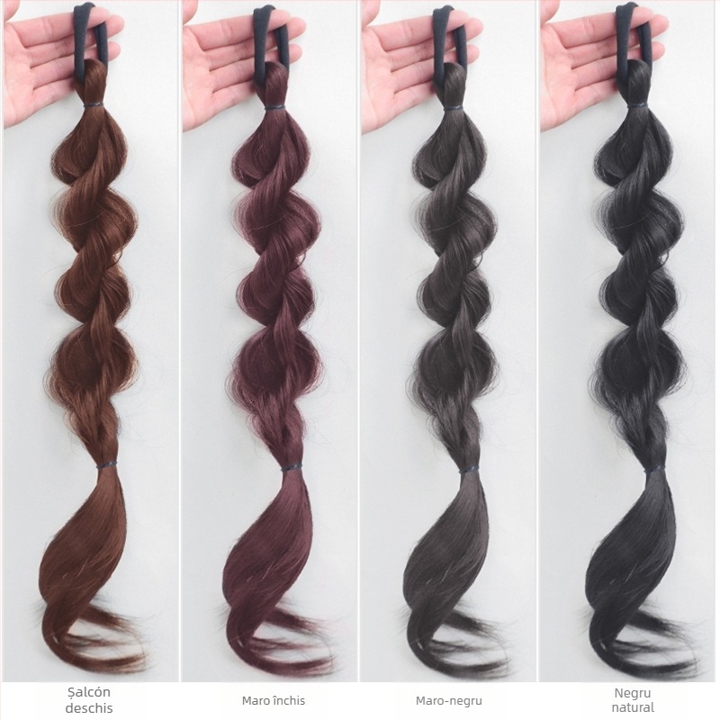 Perucă cu coadă: bucle bule, coadă dublă, aspect pufos natural; Model: Cool Bubble Braid; Făcută integral manual; Material păr: sârmă rezistentă la temperaturi înalte; Nu este potrivită pentru vopsire cu vopseluri încălzite